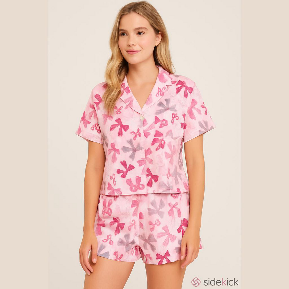 Como Pink Bow Pajama Short Set Medium Coquette Sleepwear NWT